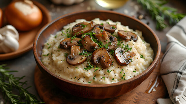 close up of Vegetarian Truffle Risotto with matsutake mushrooms in a bowl, Food Photography
