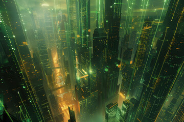 Building viewed from above green futuristic along with the light of a light bulb from the lower level Twilight city concept