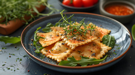 close up of Vegetarian Ravioli with Plant Based Lobster Substitute on plate, Food Photography