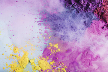 White background with purple powder. Concept of Holi festival in India. Flat lay backdrop with copy space.