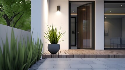 Suburban Home Entrance: Stylish Design with Grass Pot and Wooden Path