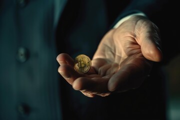 Businessman Hand holding a coin, symbolizing financial concepts such as money, currency, savings, and wealth in the context of business, banking, and investment, with a focus on Bitcoin Currency