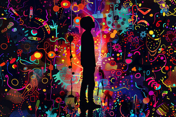 Patient's hallucinations depicted in dark silhouette amidst colorful shapes, patterns, and words, vector illustration.  Psychedelic Art	