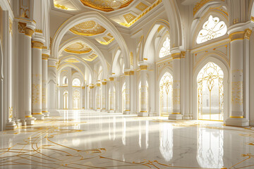 Fototapeta na wymiar Luxurious gold and white themed mosque interior with intricate designs, suitable for religious and cultural events.