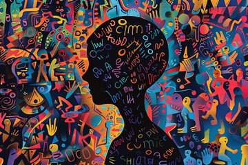 Patient's hallucinations depicted in dark silhouette amidst colorful shapes, patterns, and words, vector illustration.  Psychedelic Art	