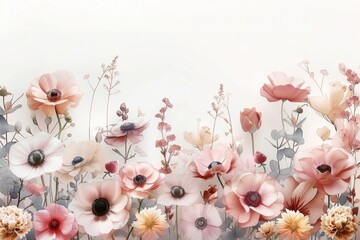 A blush watercolor painting of assorted flowers arranged in a border design on a white background. Generative AI. - obrazy, fototapety, plakaty