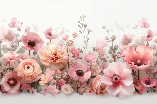 A blush watercolor painting of assorted flowers arranged in a border design on a white background. Generative AI.
