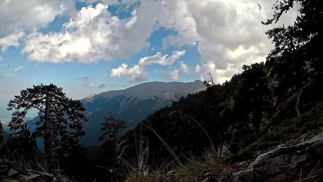 Timelapse in mount Olymp on a cloudy day