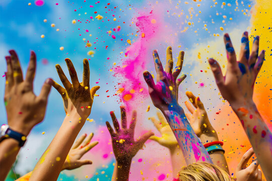 People with hands up covered with powder. Concept of Holi festival in India. 
