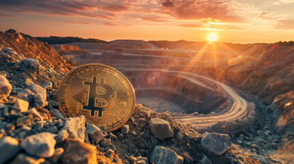 A golden sunrise over a mine where both gold and bitcoins are naturally formed blending the beauty of nature with wealth - obrazy, fototapety, plakaty