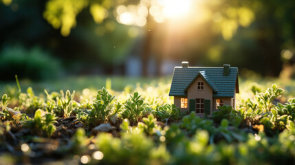A small house on grass at outside.