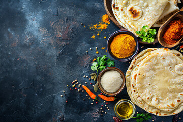Holi Festival Food - Puran Poli is an Indian sweet flatbread. Holi or Gudi Padva festival. Recipe ingredients. Copy space. - obrazy, fototapety, plakaty