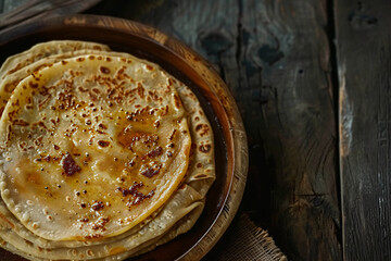 Puran poli - indian dish on the wooden table. Flat ltay. 
