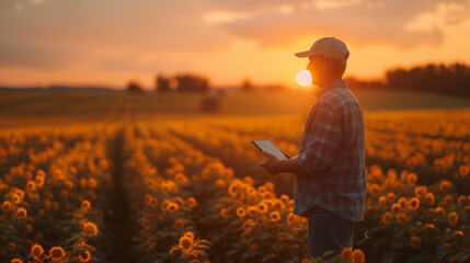 Fototapeta premium A thoughtful a male farmer standing and using tablet to monitor crop growth in a field with agricultural machinery in the background.