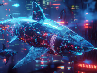 A neon infused cybernetic shark swims through dark data seas hunting malicious VR hackers with precision security