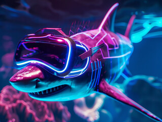 A neon infused cybernetic shark swims through dark data seas hunting malicious VR hackers with precision security