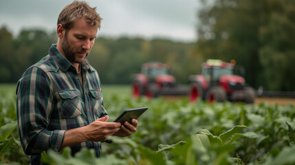A thoughtful a male farmer standing and using tablet to monitor crop growth in a field with agricultural machinery in the background.