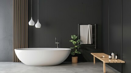 Sleek Minimalist Bathroom featuring Freestanding Tub, Wall-Mounted Towel Warmer, and Wooden Bench