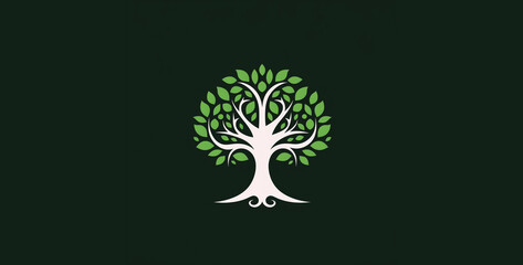 Tree icon with green leaves on dark background. Ecology concept. Vector illustration.Illustration of a green tree with leaves in the middle on a dark green background