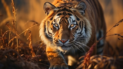 A tiger is preparing to hunt prey in the grassland.