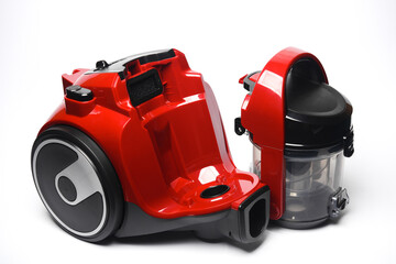 Red modern vacuum cleaner on a white background