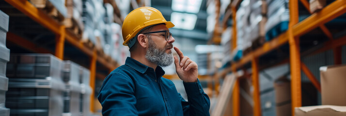 Middle-aged bearded engineer in yellow hard hat contemplating in a warehouse, with large copy space on the right - Powered by Adobe