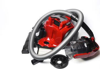 Modern modular vacuum cleaner with parts on a white background
