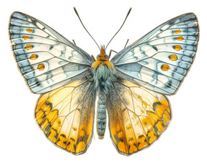 A beautiful light blue and yellow butterfly with spread wings isolated on a white background.