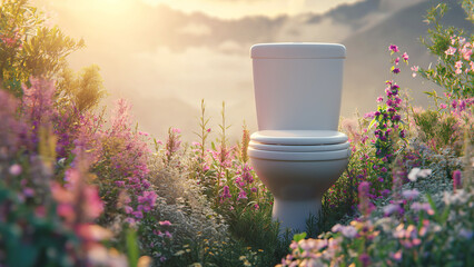 Alpine aroma bathroom air freshener concept. The toilet sits on an alpine mountain surrounded by alpine grasses - obrazy, fototapety, plakaty