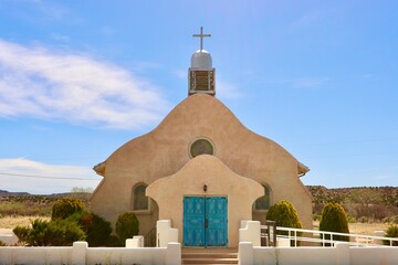 Church in Jemez New Mexico Turquoise doors pubelo adobe