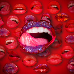 Lips and mouth. Female lip in red background. Sexy tongue licking sensual lips.