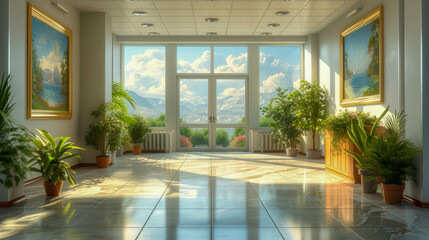 Hospital lobby with reception desk