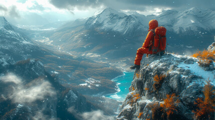 hiker with a backpack sits on the edge of a cliff and looks into the distance