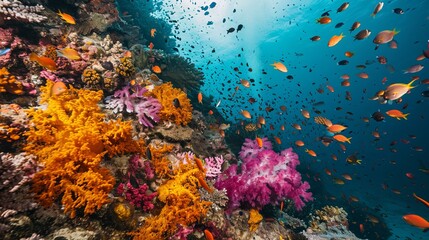 Naklejka na ściany i meble Breathtaking Underwater Scene with Vibrant Coral Reefs and Tropical Fish in Crystal Clear Blue Water