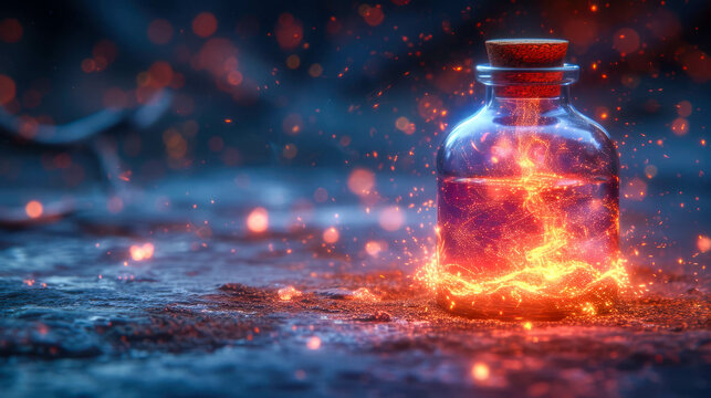 Magic potion in a bottle with lightning. Witchcraft concept