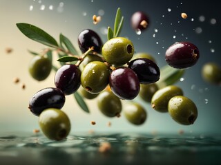 Fresh and yummy green olives, cinematic food photography, studio lighting and background 