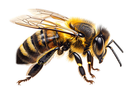 A close-up image of a honey bee isolated on a white background, suitable for nature, wildlife, and agriculture themes.
