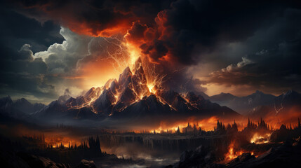 Fototapeta premium Volcano erupts on sunset background.