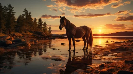Fotobehang Silhouette of a horse on lake shore at sunset background. © tong2530