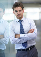 Businessman, portrait and confident with arms crossed in office for professional career in finance,...