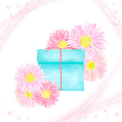 ピンク色のガーベラで飾られたプレゼントボックスのイラスト。誕生日や記念日などのお祝い向けに。