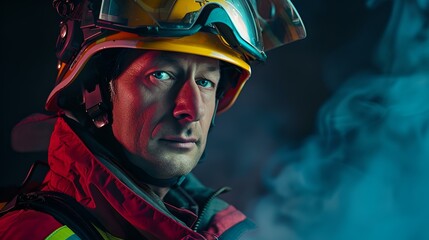 Close-up portrait of a determined firefighter in gear against a smoky background. heroic first responder on duty. AI - obrazy, fototapety, plakaty