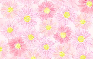 Fototapeta na wymiar ピンク色のガーベラで埋め尽くされた春らしいイラスト。水彩イラストによる優しく可愛らしい雰囲気。