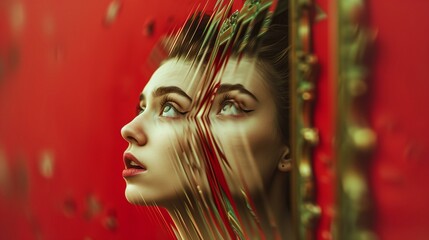 Pensive Woman with Striking Eye Makeup Behind Red Glass