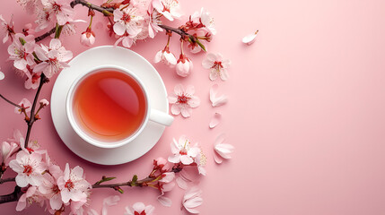 Cup of tea with cherry blossom on pink background top view, copy space, generative ai