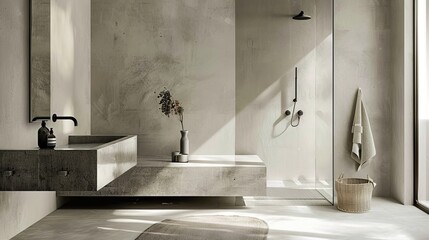 Contemporary Bathroom with Wall-Mounted Faucet and Glass Shower Door AI Generated.