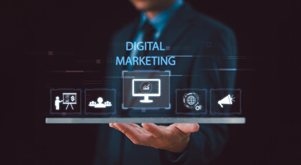 Fototapeta premium Digital marketing concept. Business market channel solution. Investment E-commerce online sale. Promotion of products services, search engine, social media, email, website. Strategies Goals. SEO PPC