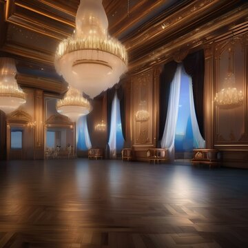 Fairy tale ballroom, Opulent ballroom filled with fairy tale characters dancing amidst glittering chandeliers and enchanting music2