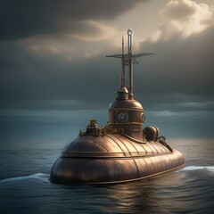 Steampunk submarine, Submersible vessel navigating the depths of the ocean with steam-powered engines3 - obrazy, fototapety, plakaty