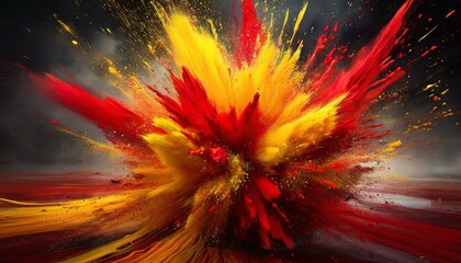 explosion in the An explosive burst of vibrant red and yellow powders captured in mid-air, creating an intense and dynamic abstract composition. - obrazy, fototapety, plakaty